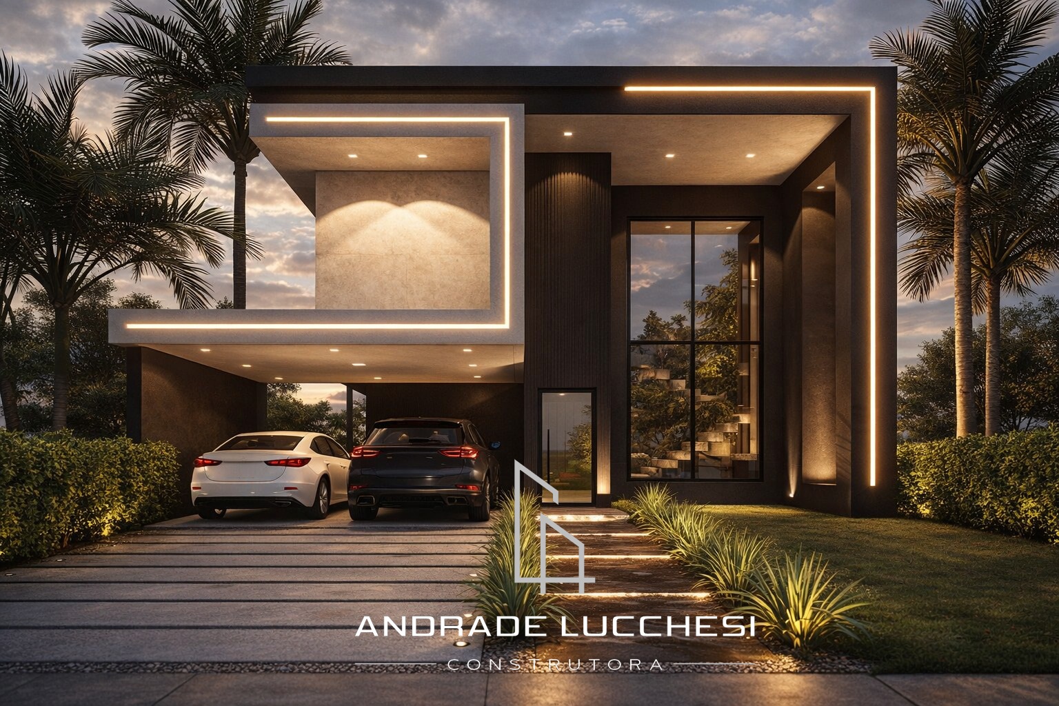 Render de residência contemporânea em execução pela Andrade Lucchesi